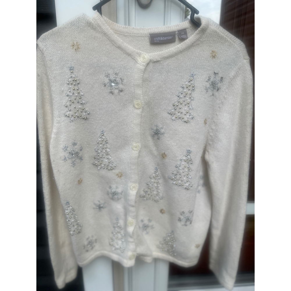 Croft & Barrow Petite Cream Beaded Christmas Tree Snowflake Cardigan Sweater PS